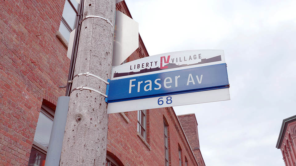 Liberty village street sign at Fraser Ave, the address of The Fueling Station Toronto Coworking Space